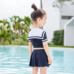 Wholesale Kids Baby Swimwear Navy Blue Japanese Sailor Suit Uniform Beachwear Swimsuit Girl Toddler 2 Pieces OEM Custom