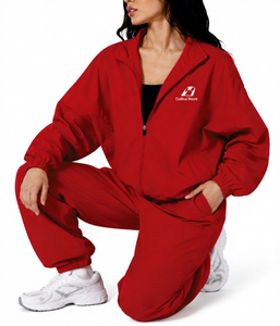 Women's Red Sporty Tracksuit <b>Set</b> Full Length Loose Fit <b>Knitted</b> Polyester Side Stripe All Seasons Wear Windbreaker Wholesale <b>Set</b> - Product Image 5