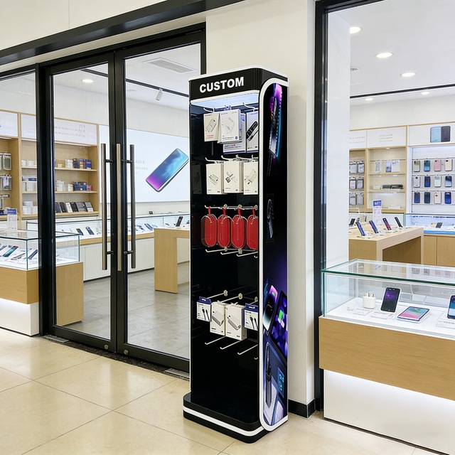 Custom Design LED Acrylic Display Stand Lockable Retail Showcase with Shelves for Mobile Phone Accessories Case