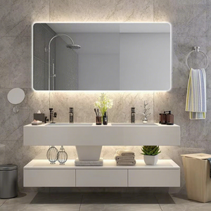 Meuble-lavabo de salle de bain d'hôtel de luxe avec design mural flottant, miroir et lavabo modernes étanches - Product Image 5