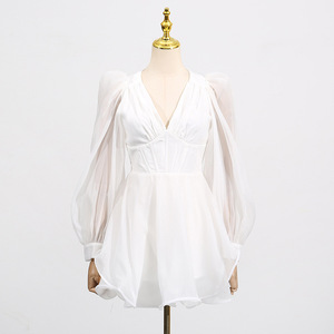 ZYHT 70119 Robe élégante à col en <span class=keywords><strong>V</strong></span> courte et sexy, robe trapèze pour soirée en boîte de nuit, manches longues, mini robe d'automne, Vestidos, robe blanche pour femmes - Product Image 3