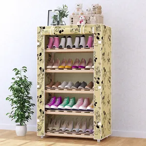 6-tier Canvas Shoe Rack Solidwood Framework Dust-proof Cupboard Dormitory Shoes Storage Shelf Fabric Shoes Organizer