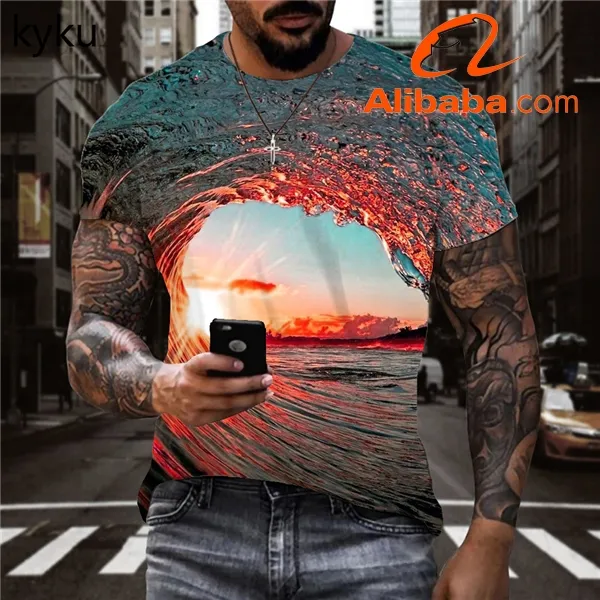 Custom Waves Men Ocean Shirt Sun Scenery T-shirts 3D Mens Funny Clothing Casual Tops Print Male Short Sleeve Blank Daily O-neck