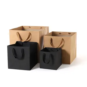 Factory wholesale Thick Quality Square Bottom Brown Black Kraft Paper Gift bag Paper Shopping Bags With Handle