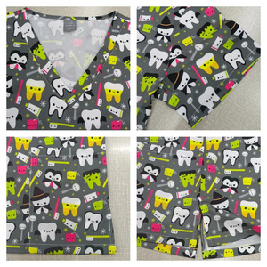Women's Dental Scrub Set Printed Short Sleeve Split Uniform Moisture Wicking For Clinic Use - Product Image 2