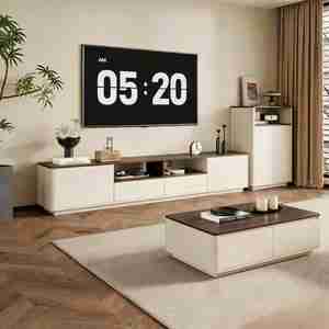 <span class=keywords><strong>Meuble</strong></span> TV minimaliste sur pied avec tiroirs <span class=keywords><strong>de</strong></span> <span class=keywords><strong>rangement</strong></span>, ensemble table basse et console multimédia pour salon - Product Image 2