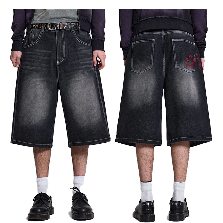 Custom Logo Embroidery Acid Wash Jorts Men Baggy Mid-waist