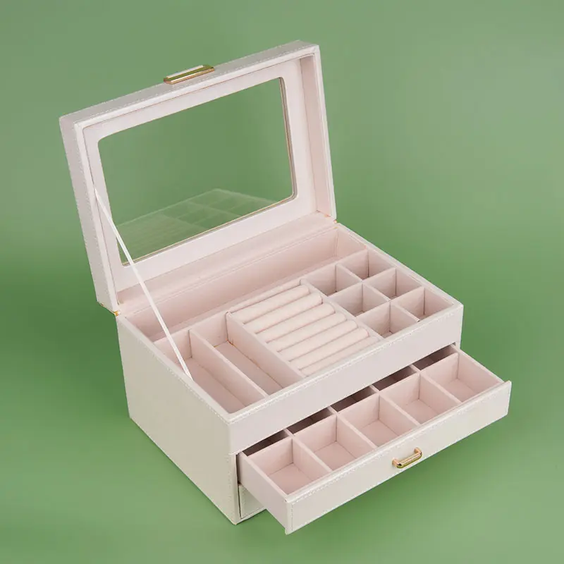 صندوق فاخر مخصص من الجلد الصناعي للقرط والخواتم والقلادات صندوق مجوهرات منظم تخزين خشبي صندوق هدايا للمجوهرات مع 2