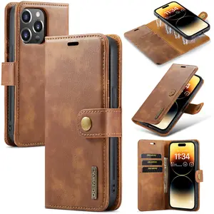 2 IN 1 Flip Leather Phone Case For IPhone 15 Pro With Magnetic Card Wallet Vintage Leather Mobile Phone Case For Iphone 15 14