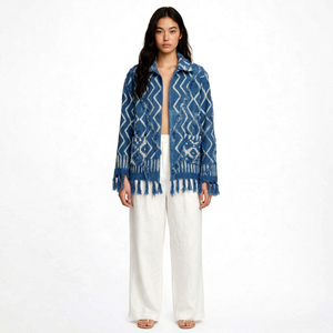 Chaqueta de Algodón Transpirable con Diseño Geométrico Azul para Mujer, Estilo Otoñal, con Flecos, Cuello Camisero, Manga Larga, Estilo Vacacional - Product Image 1