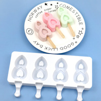 Moule à glace en silicone de qualité alimentaire à 4 cavités, double cœur, pour sucettes glacées, démoulage facile, outil d'été avec emballage en sac OPP
