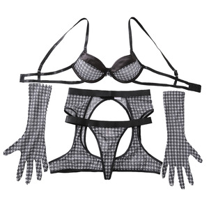 Novo Sexy Bra <span class=keywords><strong>Set</strong></span> Da Europa Estados Unidos para Amazon Moda Houndstooth Padrão de Quatro Peças Finas De Malha <span class=keywords><strong>Underwear</strong></span> Logo - Product Image 5