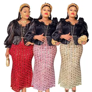 K0049 2023 vente en gros soirée bantquet sequin patchwork hanche wrap élégant manches évasées robe africaine grande taille robes