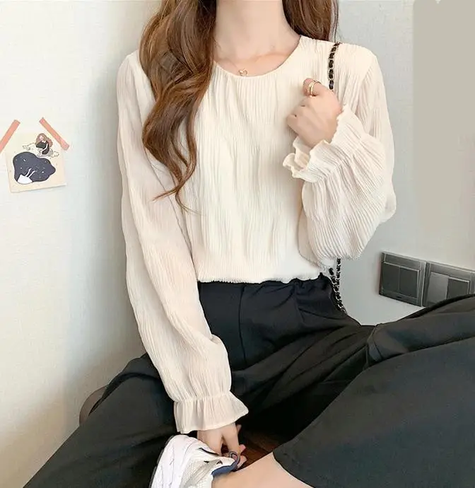 Japan Korea Pleated Flare Sleeve O-neck Chiffon Shirt Loose Long-sleeved Blouse Top Spring Summer Women Tops Clothing