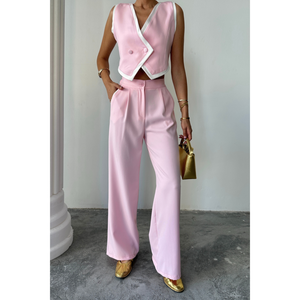 Conjunto de Pantalones y Chaleco Corto Rosa con Ribete Asimétrico para Mujer, Talla S - Product Image 4