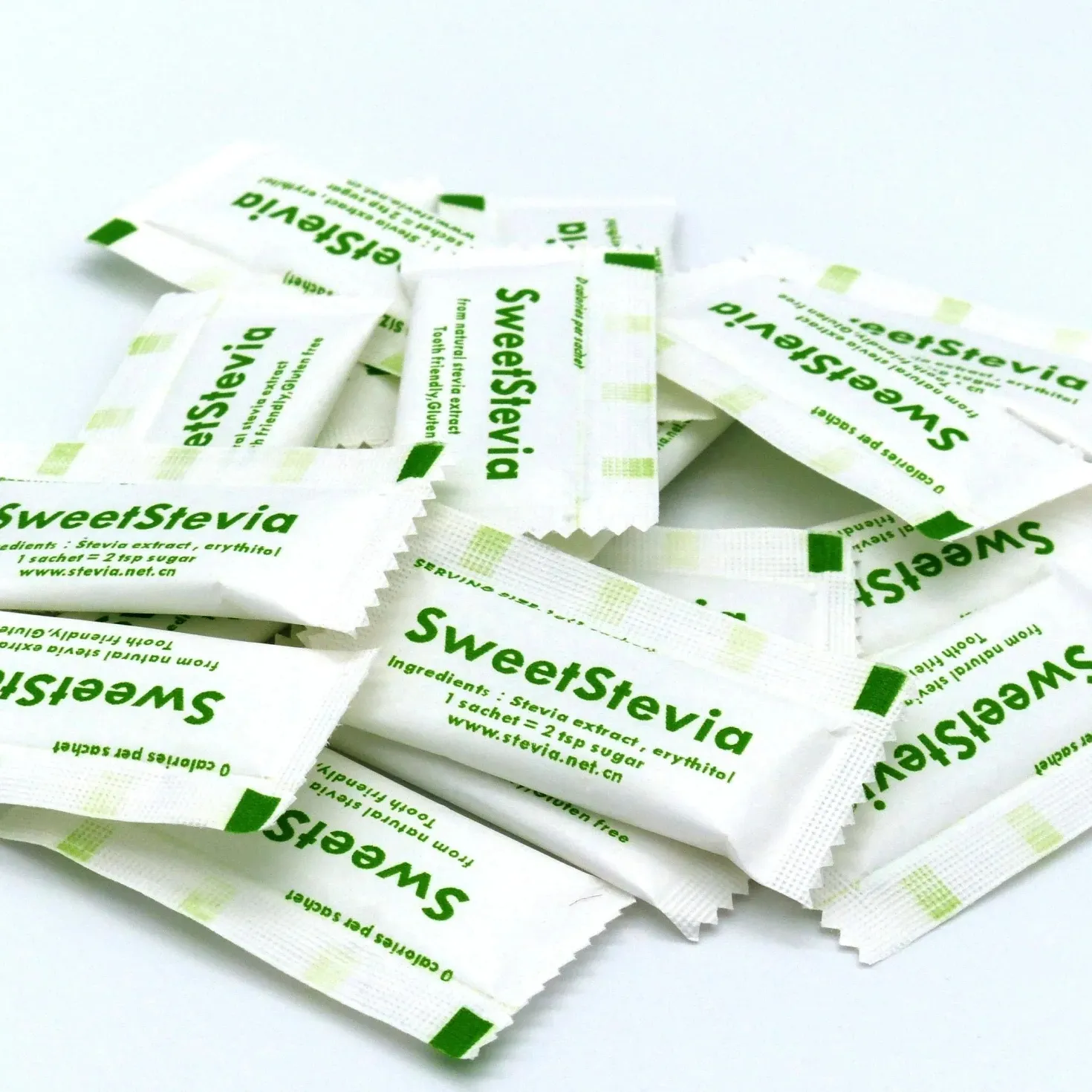Putih kristal Stevia 1g Sachet dengan rasa Keren & segar makanan bersertifikat Halal Tabletop Steviol Glycosides layanan OEM