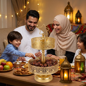 Plateau de service à dessert en métal plaqué or personnalisé à 2 niveaux pour Ramadan et Eid Mubarak, motif château islamique, lune et étoile, fournisseur de décoration de table pour fête - Product Image 2