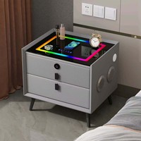 Mesita de Noche Multifuncional de Cuero con Luz Ambiental RGB, Cerradura con Huella Dactilar, Cargador Inalámbrico y Altavoz Bluetooth