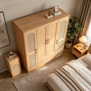 Armoire en bois massif de chêne clair de qualité supérieure à 2 portes avec 2 tiroirs, organisateur de chambre moderne minimaliste multifonctionnel - Product Image 2