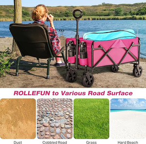 折りたたみ式ホイール付きワゴンカート-折りたたみ式ユーティリティワゴンヘビーデューティー、アウトドアキャンプ用全地形対応ホイール、ピンク - Product Image 5