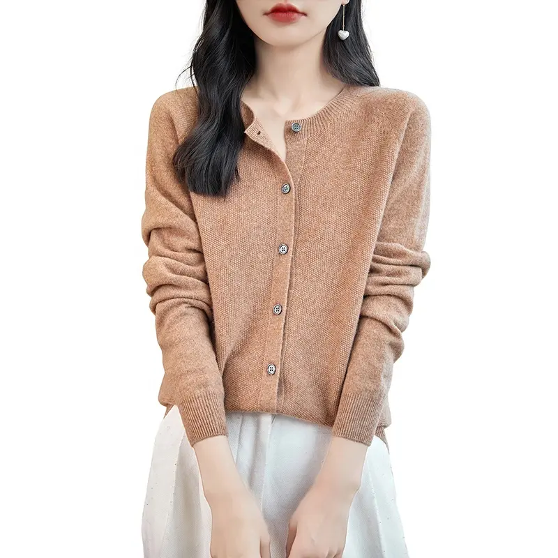 100% Merino Len Thấp Moq Của Phụ Nữ Crew Cổ Cardigan Mùa Thu Mùa Đông Dệt Kim Biểu Tượng Tùy Chỉnh Cashmere Len Áo Len