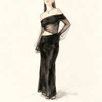 Personnalisé Évider Sexy Solide Motif Élégant Dame Noir Évider Hors de l'épaule Longue Maxi Robe pour Femmes