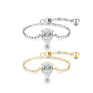 Bague chaîne ajustable S925 plaquée or 18 carats Bague chaîne une zircone Bague chaîne argent sterling Bague chaîne réglable - Product Image 1