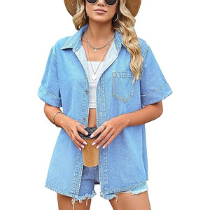Elegant Women Jean <strong>Shirt</strong> 100% Cotton Retro Short Sleeve <strong>Cowgirl</strong> <strong>Shirt</strong> Wholesale Denim Plain <strong>Shirts</strong> - Product Image 1