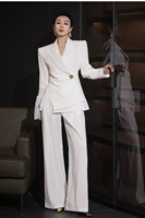 Ensemble de costume de luxe léger noir uni en fibre de polyester peignée à manches longues pour femme, avec pantalon droit à taille ajustée, collection Printemps/Été