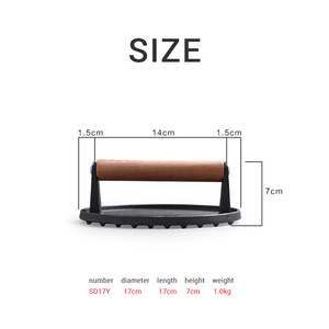 Groothandelsprijs gietijzeren vleespers eco-olie houten handvat zwaar gebruik steak burger grill ovenbestendig <span class=keywords><strong>gas</strong></span> inductie - Product Image 1