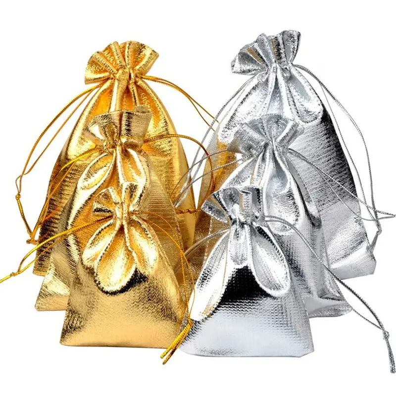 Wedding Birthday Party Favors Home Supplies Gold Silver Metallic Color Drawstring Gift Bag Jewelry Packaging Bag Sacks