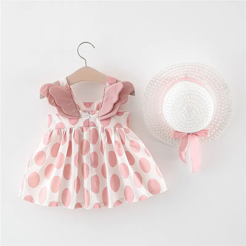 Wholesale O Neck Breathable Pink Dot Full Print with hats 1-5 Years Old Summer Casual Kids Cotton Clothes girls Dresses