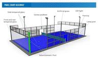 Terrain de padel avec murs en verre, maille métallique et éclairage pour complexes sportifs intérieurs