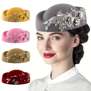 Cappelli da Hostess Vintage Eleganti con <span class=keywords><strong>Diamanti</strong></span> per Donne con Velo da Chiesa e Feltro Morbido Floreale - Product Image 3