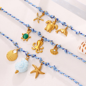 Ocean Theme Pendant Necklace And <b>Bracelet</b> <b>Set</b> Blue Rope Braided Starfish Dolphin Turtle Zinc Alloy Women's Jewelry Gift - Product Image 2