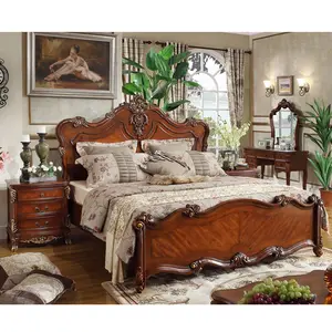 Europe American style home furniture luxury classic king size Hooker wooden bedroom furniture designs double carved bed WA622