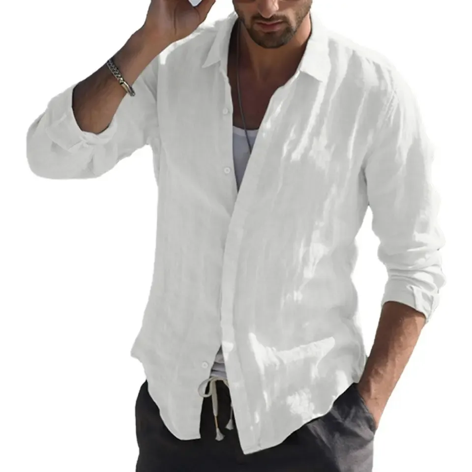 Erkekler bahar pamuk keten gömlek yaka yaka erkek Tops uzun kollu düğme düz renk hırka bluz T-shirt rahat gömlek