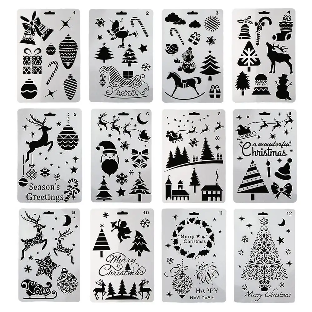 Wholesale 12pcs/pack Custom Christmas Shaped Kids Drawing Pvc Paper Painting Stencils Sets