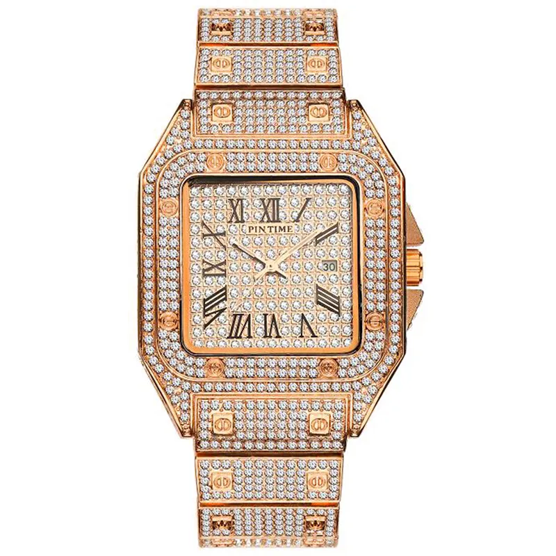 Custom Brand Your Own luxury full diamond hip hop Ultra Thin Gold Quartz Watch For Men