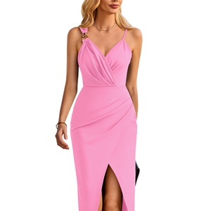 Vestido Midi Asimétrico para Mujer, Sexy, con Cuello en V, Sin Mangas, de Color Sólido Personalizado, con Tirantes Digitales, Cintura Ajustada y Abertura, Transpirable y Natural - Product Image 3