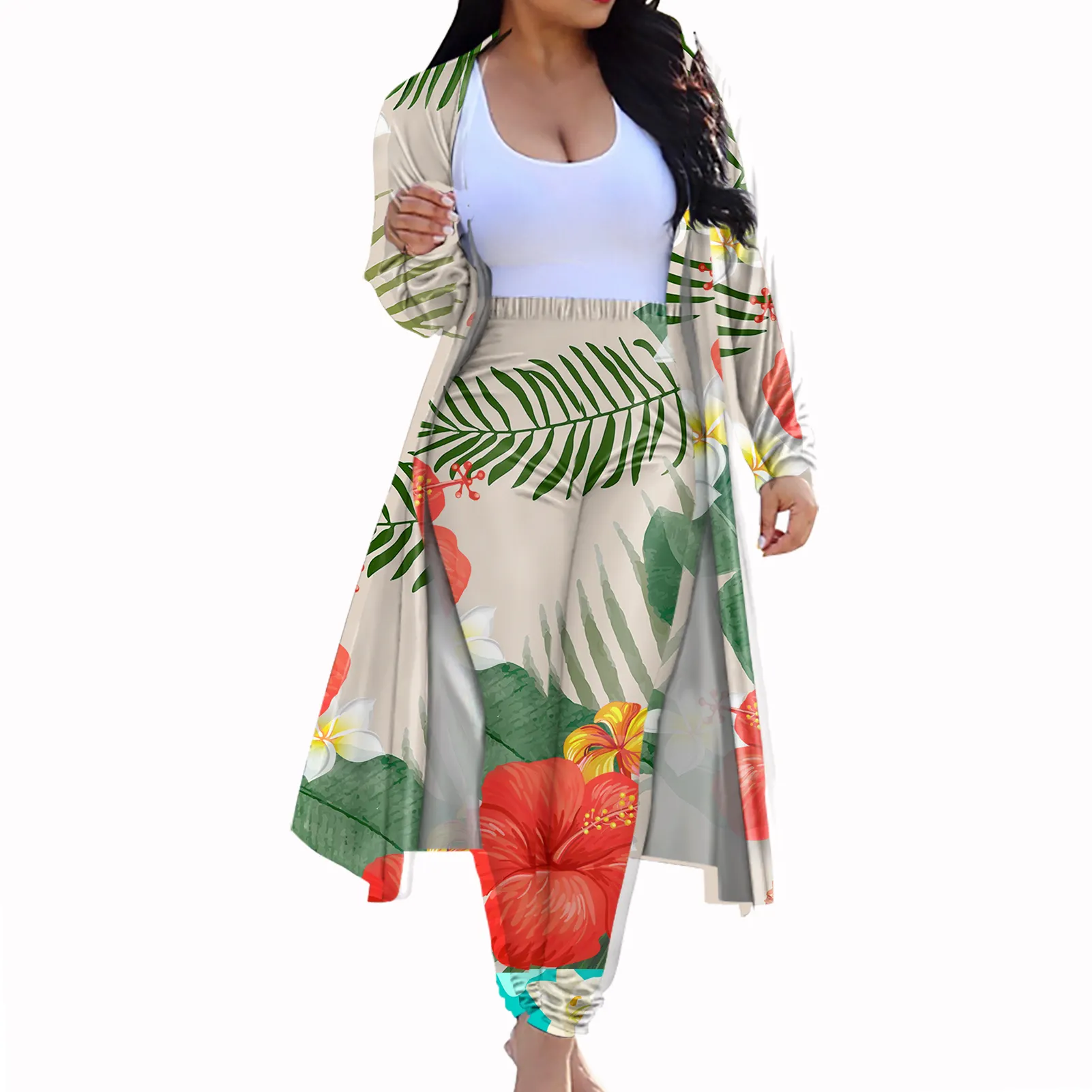 Custom 2 piece Track Suit Set Women Polynesian American Samoa Hibiscus and Plumeria Print Cover up Cardigan with Legging Pants
