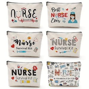 Bolsa de Maquillaje Personalizada con Cremallera, Diseño de Medicamentos, Lona de Lino, Patrón de Letras, Bolsa de Viaje para Cosméticos y Artículos de Aseo - Product Image 1