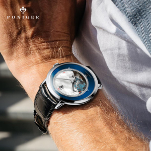 PONIGER oem <span class=keywords><strong>orologi</strong></span> meccanici private label personalizzato quadrante blu mens di colore orologio da polso in pelle relogio masculino