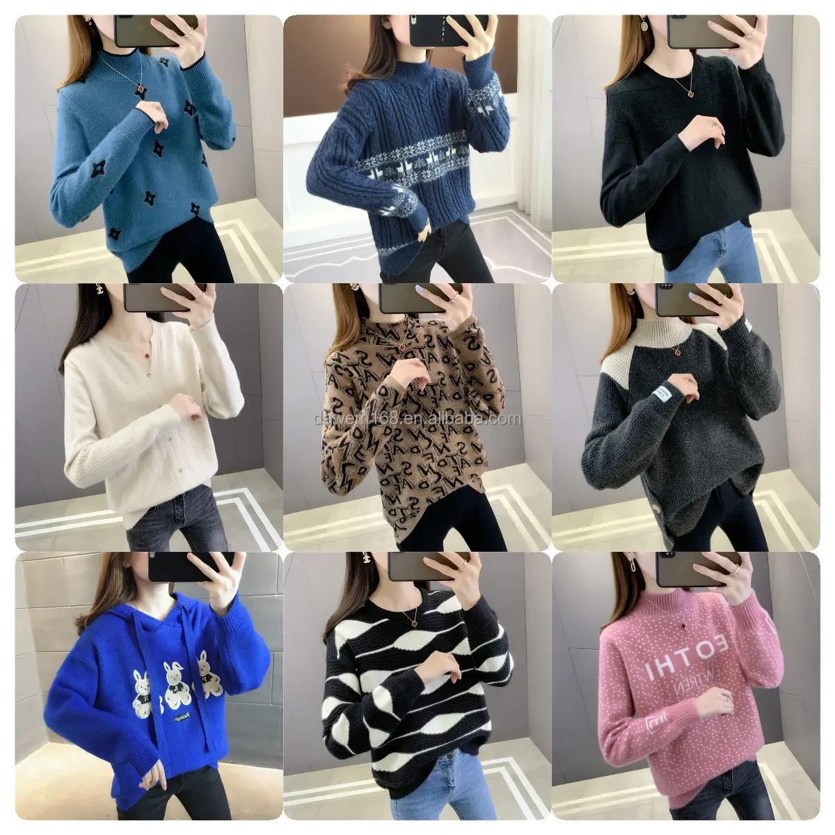 Sweater rajut wanita, atasan rajutan warna polos longgar manis ukuran besar musim dingin