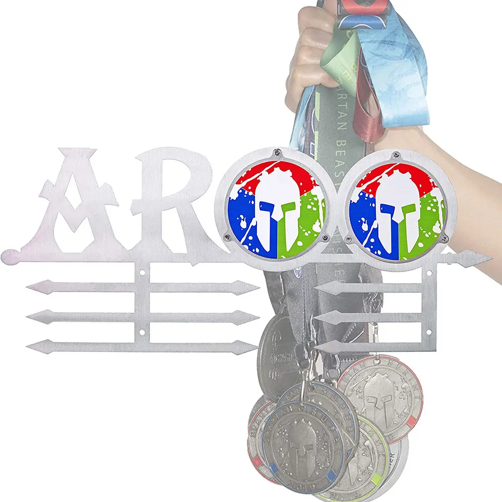 Stainless steel metal medal rack with letter silhouette AR2 Spartan pattern three row medal hook storage rack