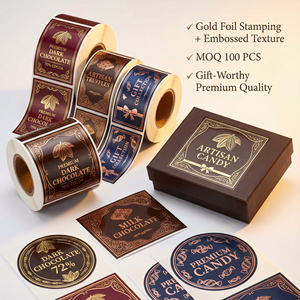 Étiquette de <span class=keywords><strong>chocolat</strong></span> personnalisée en feuille d'or de luxe, autocollant en papier foncé gaufré pour l'emballage de boîtes cadeaux de truffes et de bonbons artisanaux - Product Image 6