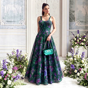 Robe de soirée sexy à imprimé floral, sans bretelles, col halter, coupe trapèze, taille empire, dos nu, ornée de perles, longueur midi, en satin polyester/coton - Product Image 1