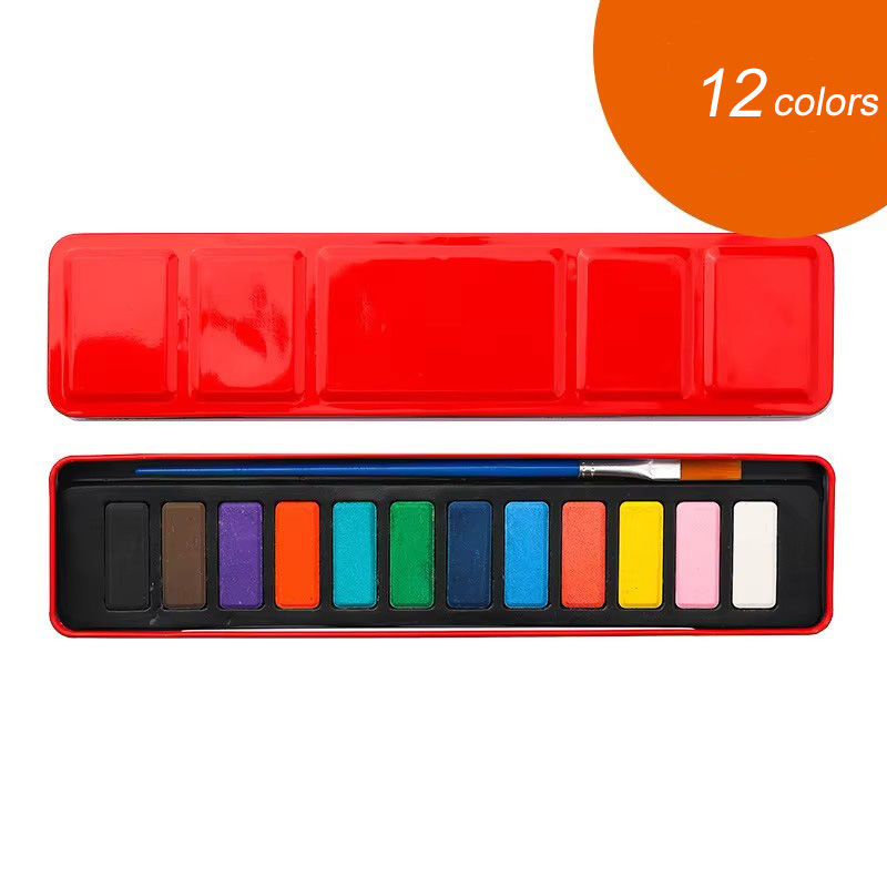 [Caja de hierro roja 12 colores/con 1 pincel de nylon] - pigmento sólido