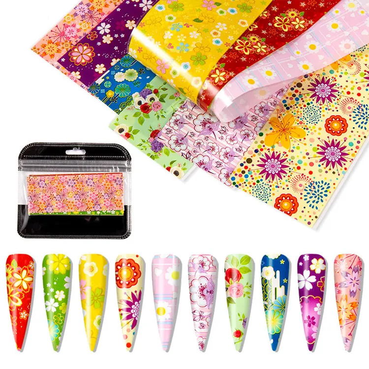 4*20cm 10 fogli stili misti in borsa motivo floreale foglio di trasferimento Nail Art Sticker decalcomanie Film suggerimenti per Manicure fai da te