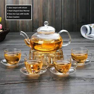 Wholesale Borosilicate Kettle Clear Glass Tea Cup Set Blooming Tea Maker Teapot Glass Tea Pot Set With Infuser Warmer